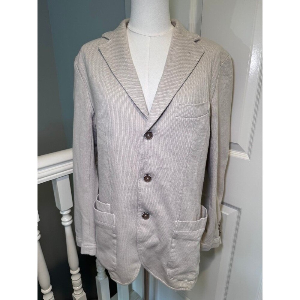 La Catenella Mens L Beige Cotton Pique Knit Blazer 3-Button Sport Coat Jacket